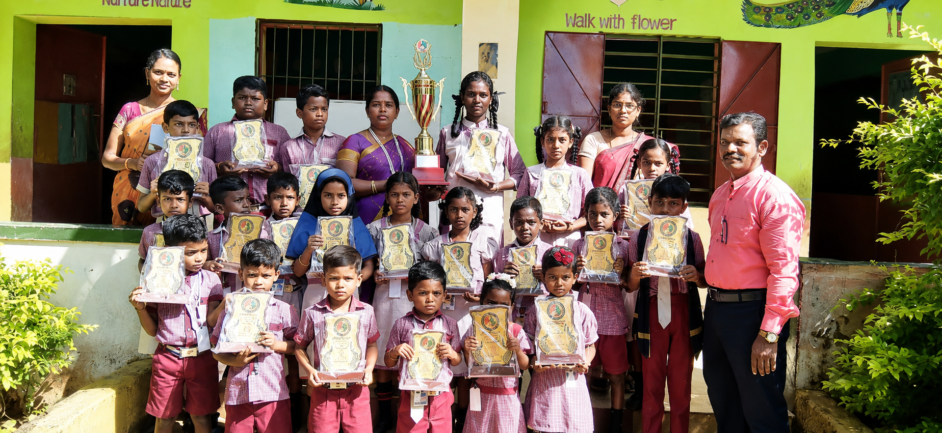 Sathana Vidyalaya students and teachers displaying awards and a trophy