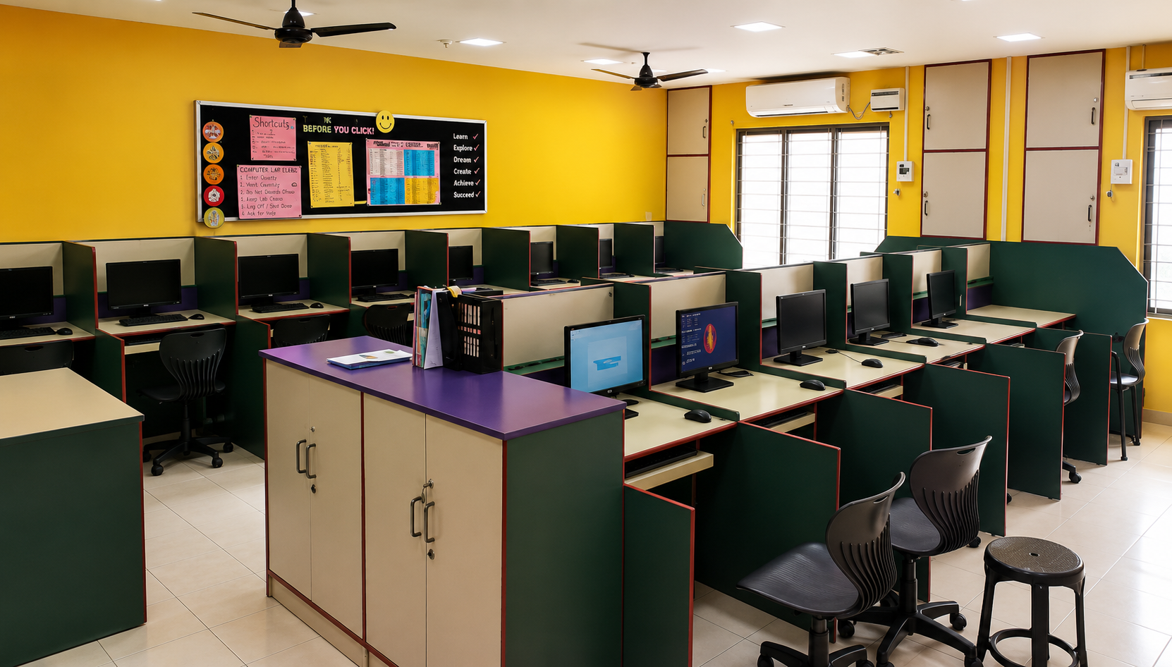 Students and a teacher learning in a computer classroom